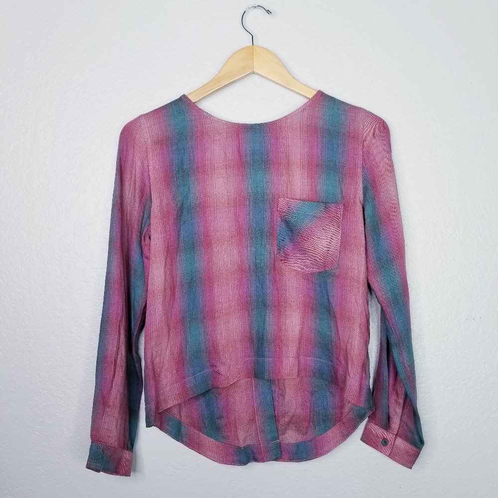 Anthropologie stone and cloth long sleeve plaid lace up back blouse xs